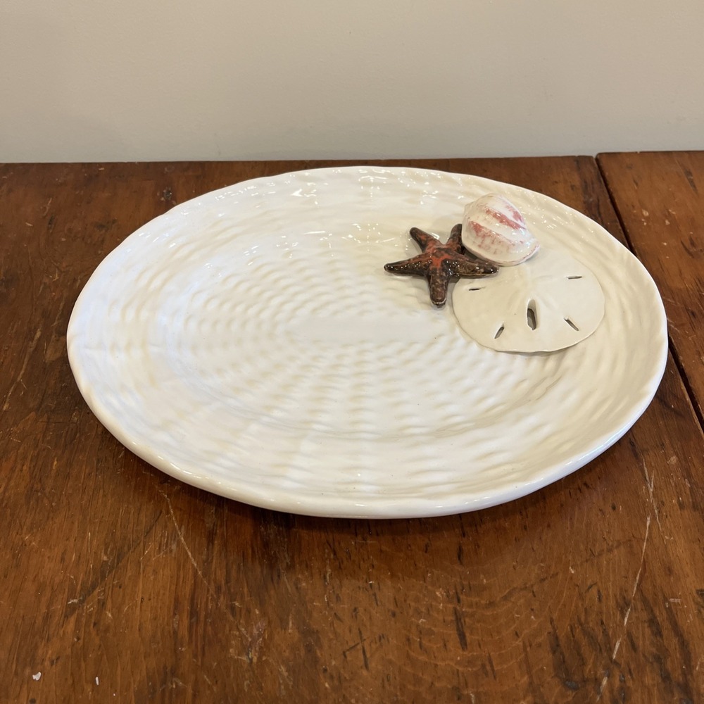 Briggs Pottery 3D White Ceramic "Basket" Nantucket Pattern Shells Starfish Beach